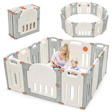 Дитячий манеж COSTWAY складний з 14 панелями, пластиковий манеж, манеж з дверцятами та іграшковою дошкою, захисні ворота для ігрової огорожі для немовлят і малюків (бежевий)