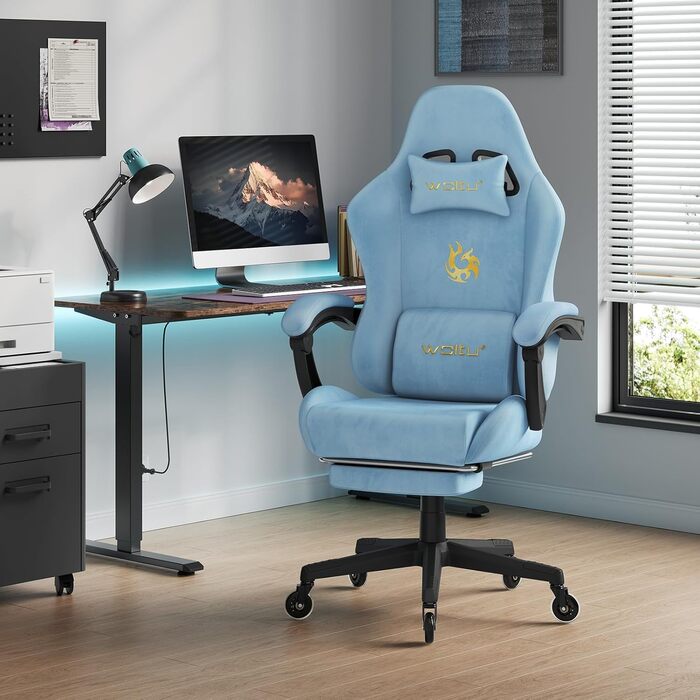Ігровий крісло WOLTU з регульованою спинкою, обертовий офісний крісло з підлокітниками, підставкою для ніг, поперековою підтримкою, підголівником, блакитний