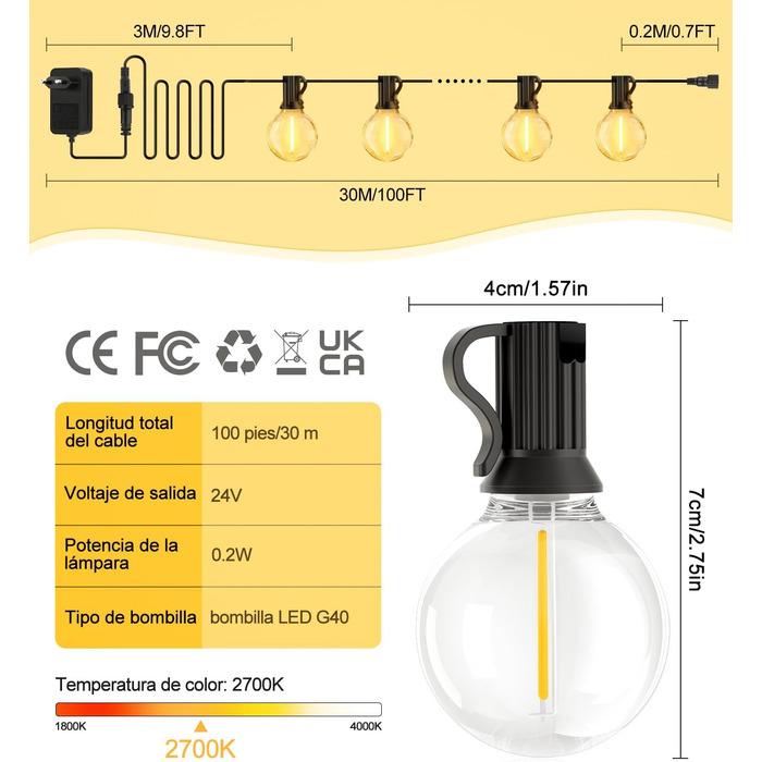 Світлодіодна гірлянда для вулиці 30 метрів - 100ft, IP44, для саду, павільйону, балкону, тераси, вечірки. Гірлянда з лампочками G40, вологостійка