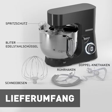 Кухонна машина Heinrichs 2500W з двома гаками для тіста, міксером та насадкою для збивання, 8 швидкостей, чаша 8л з нержавіючої сталі, тиха, з титановим покриттям