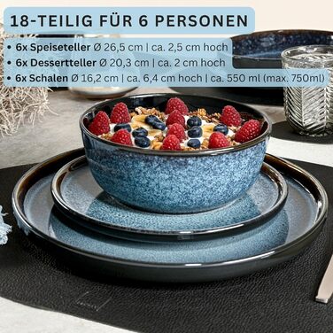 Набір посуду SÄNGER Osaka (18 предметів) | Керамічний набір посуду на 6 осіб: тарілки, миски, десертні тарілки, блакитний колір з чорним бордюром, стійкий до подряпин | VALUE COLLECTION