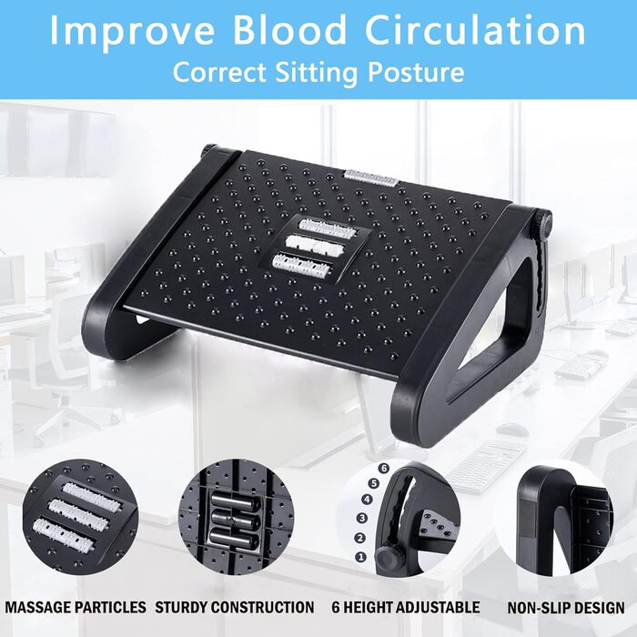 Підніжка для столу з регулюванням висоти та кута на 6 рівнів, з масажем, протиковзка, для зняття болю в ногах, колінах та спині, ідеальна для дому, офісу та подорожей, з трьома ніжками