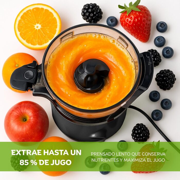 Електричний повільний соковитискач JuiceInstant Kompakter для фруктів та овочів, холодний віджим, BPA-free, з фільтром, антивитікання, чорний