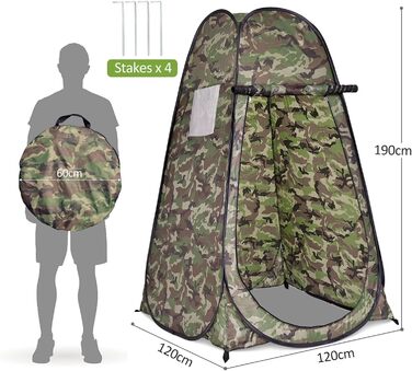 Намет для душу HOMASIS з сумкою, портативний переодягальня для кемпінгу, туалетний намет з вікном та кишенею, душова кабіна для відпочинку на природі, 120 x 120 x 190 см, зелений (Flecktarn)