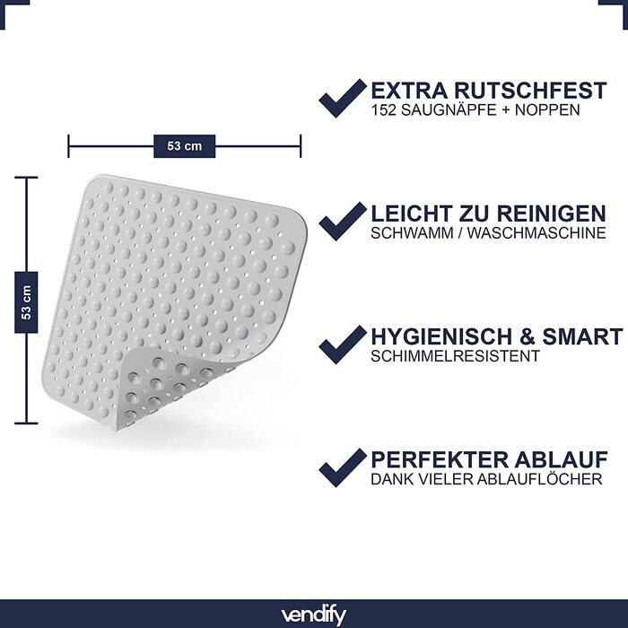 Преміум нековзний килимок для душу 53x53 см-нековзний килимок для душу, ванна без бісфенолу А-квадратний килимок для ванної з 152 присосками-Килимок для ванни стійкий до цвілі і машинного прання (світло-сірий)