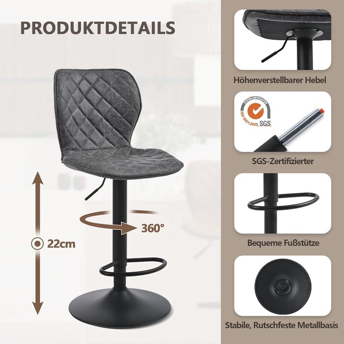 Набір барних стільців 4 шт. регульовані по висоті з підлокітником та підставкою для ніг – 360° обертання, PU шкіра, оббивка, металевий каркас для кухні, стійки, їдальні, вітальні, чорний