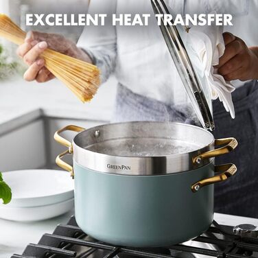 Каструля GreenPan Padova Reserve з антипригарним покриттям Hartelox, 18 см, 2 л, з кришкою з термостійкого скла, PFAS-free, для індукційних плит, з золотим ручками, придатна для миття в посудомийній машині та для випікання, колір: Димчастий блакитний (з ф