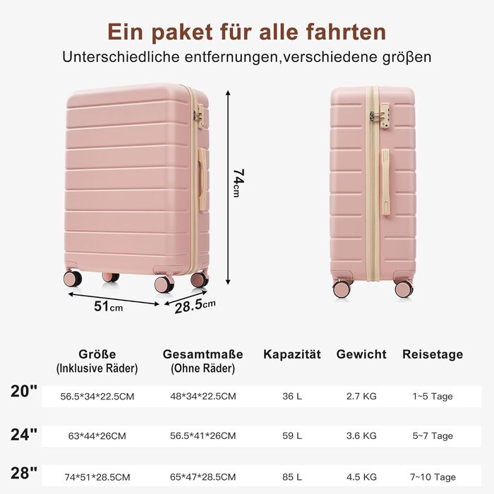 Набір валіз Merax 3 шт. з жорстким корпусом (20/24/28 дюймів), рожевий та хакі, 5-ти частинний