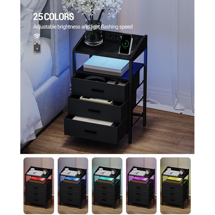 Набір приліжкових тумбочок Hzuaneri 2 шт. з LED-підсвічуванням, зарядкою USB та 3 висувними ящиками, для спальні/вітальні, чорний (NS35504B)