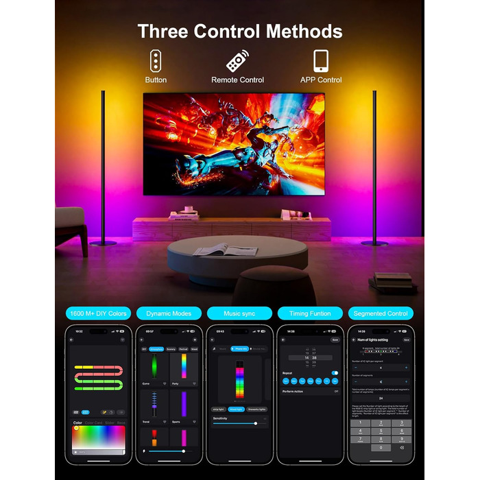 LED торшер для вітальні, білий з пультом ДУ, RGB 16 млн кольорів, синхронізація з музикою, 140 см, кутова лампа для ТВ, спальні, ігрової кімнати