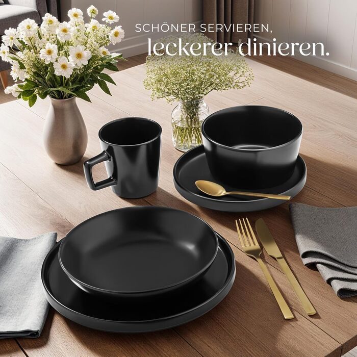 Набір посуду Tectake® 30 предметів: тарілки, миски, чашки, тарілки для їжі та сніданку, глибокі тарілки, миски. Чорний набір посуду з каменю, 6 осіб.