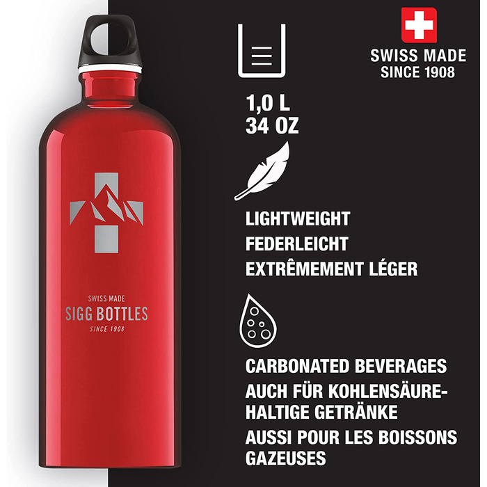 Вулична пляшка для пиття SIGG Traveller (1 л), екологічно чиста і герметична пляшка для пиття для піших прогулянок, легка спортивна пляшка для пиття з алюмінію (Швейцарський червоний)