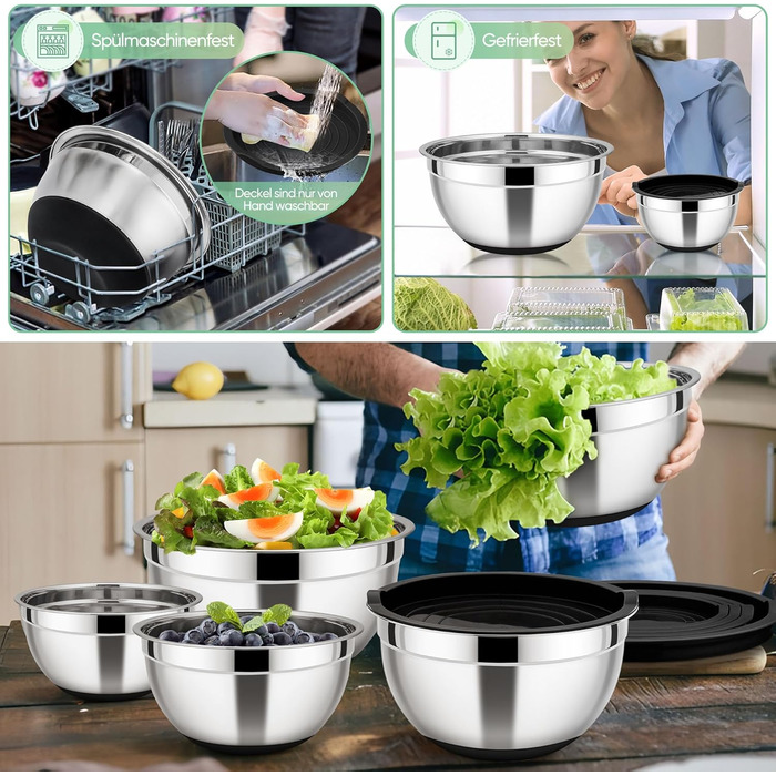 Набір місок HaWare з нержавіючої сталі, 7 шт., з кришкою, для приготування їжі, миття в посудомийній машині, об'єм 6.5/4.5/3/2.5/1.5/1.2/0.7 л (Чорний, силіконове дно)