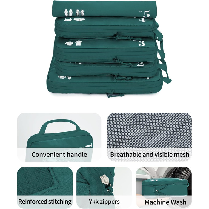 Набір компресійних органайзерів для подорожей ECOHUB, 5 предметів, для валізи та рюкзака, темно-зелений