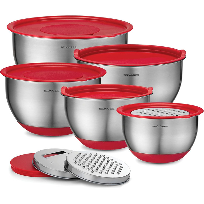 Набір місок для перемішування з кришками (5 шт.) - міски для зберігання продуктів з кришками та терткою - нержавіюча сталь, антиковзаюче покриття, для випічки та приготування їжі