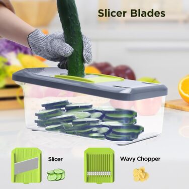 Ручний овочевий слайсер-мандоліна з 6 лезами та контейнером 3.3L - професійний овочевий слайсер з захистом рук, багатофункціональний, для слайсів, жульєну та подрібнення цибулі, чорно-зелений