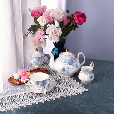 Набір чаю Fanquare Blue Floral Porcelain на 6 осіб, включаючи чайник, цукорницю та глечик для вершків