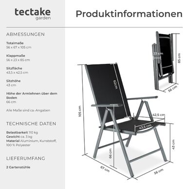 tectake® Алюмінієвий садовий стілець 2 шт, складаний, з високою спинкою, 7 положень нахилу, антрацит, комплект для саду, балкона, тераси