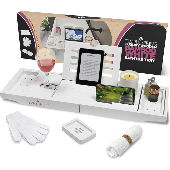Підставка для ванни Temple Spring з дерева, дерев'яна підставка для ванни, дерев'яне підношення для ванни, аксесуари для ванної кімнати, спа-стіл для ванни (білий)