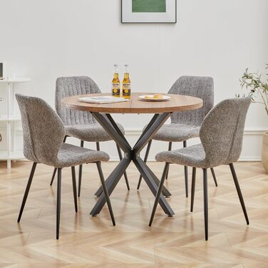 Набір обіднього столу та стільців GrandCA HOME: круглий стіл 100 см та 4 сучасні стільці з льону, для вітальні, кухні, їдальні, темно-сірий