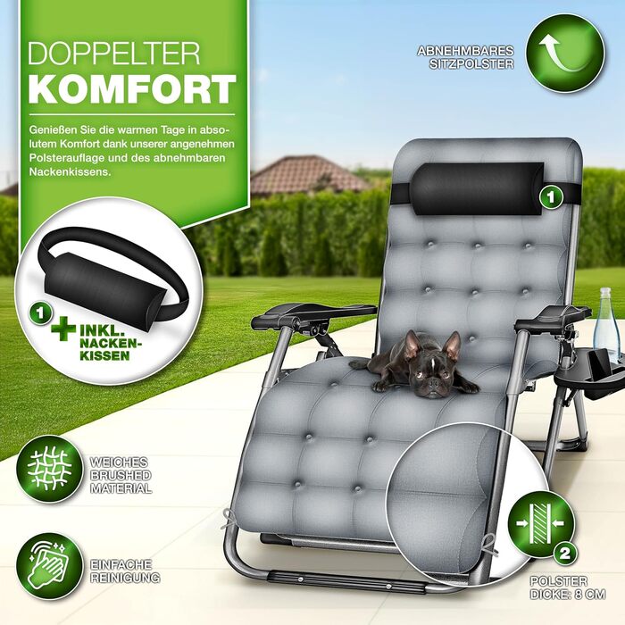 Шезлонг складний Tillvex® до 200 кг | Садовий лежак для відпочинку на балконі, терасі та у саду | З товстим матрацом, регульований, з подушкою для шиї (сірий)