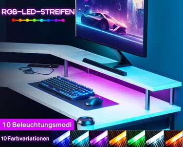 Ігровий стіл ODK 129x129 см з LED підсвіткою, 2 розетки та 2 USB, для ПК та комп'ютера, білий