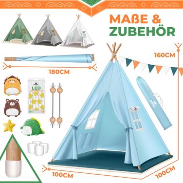 Дитячий намет KIDIZ Teepee 100x100x160см зі світлодіодом, декором та аксесуарами, для дому та вулиці (Синій)