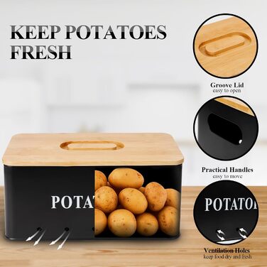 Набір контейнерів для зберігання картоплі, цибулі та часнику [3 шт] з бамбуковим кришками | З вентиляцією та захистом від світла | Чорний