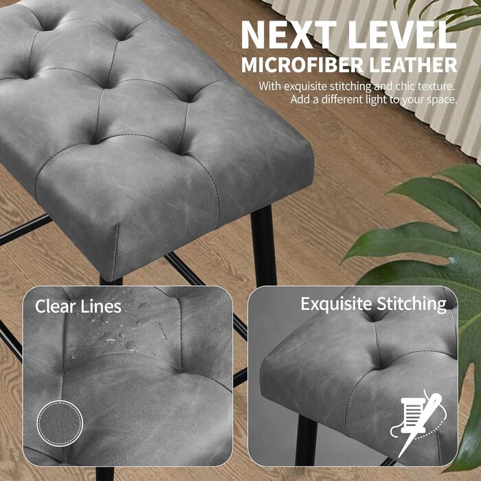 Набір з 2 барних стільців з мікрофібри, сірого кольору, з підніжкою, 62.5 см, без спинки для кухні, бістро, їдальні