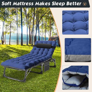 Лежанка для відпочинку MOPHOTO, розкладна для саду з матрацом, регульована спинка та підніжка, портативна, для дому та вулиці, складна (зелене дитяче ліжко, килимок) (чорний + синій)
