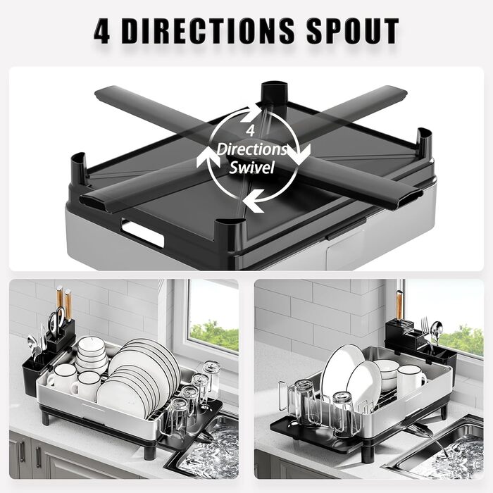 Сушарка для посуду Ewaiira з нержавіючої сталі, чорна, 1 ярус, з обертовим краном 360° та тримачем для столових приладів