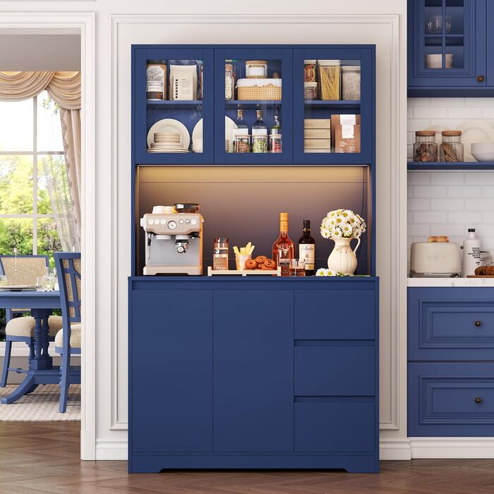 Кухонна шафа FirFurd з LED-підсвіткою, буфет, комод з полицями, стільниця, 3 висувні ящики, 180x100x38.5 см (блакитний)