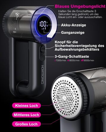 Електричний видальник ворсу Homtronics з USB-зарядкою, LED-дисплеєм та 6-ма лезами для одягу, диванів та килимів, чорний