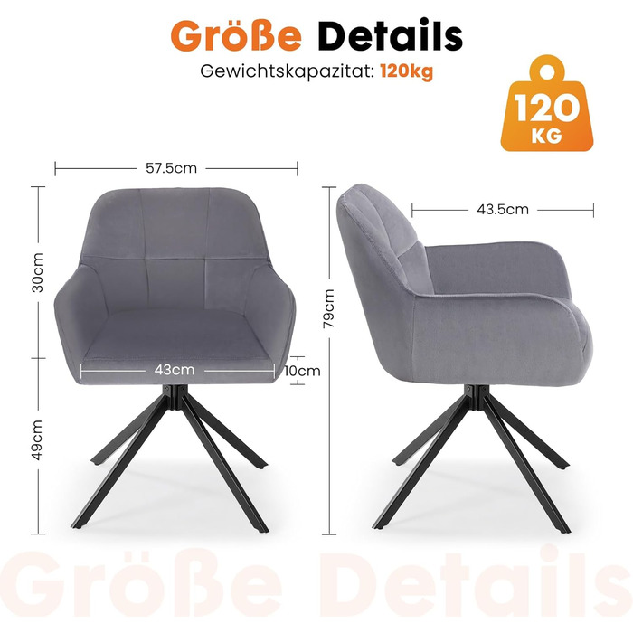 Набір з 2 стільців Sweetcrispy для їдальні, кухонні, з м'яким сидінням, обертаються на 360°, з металевими ніжками, до 120 кг, зелені (сірий)