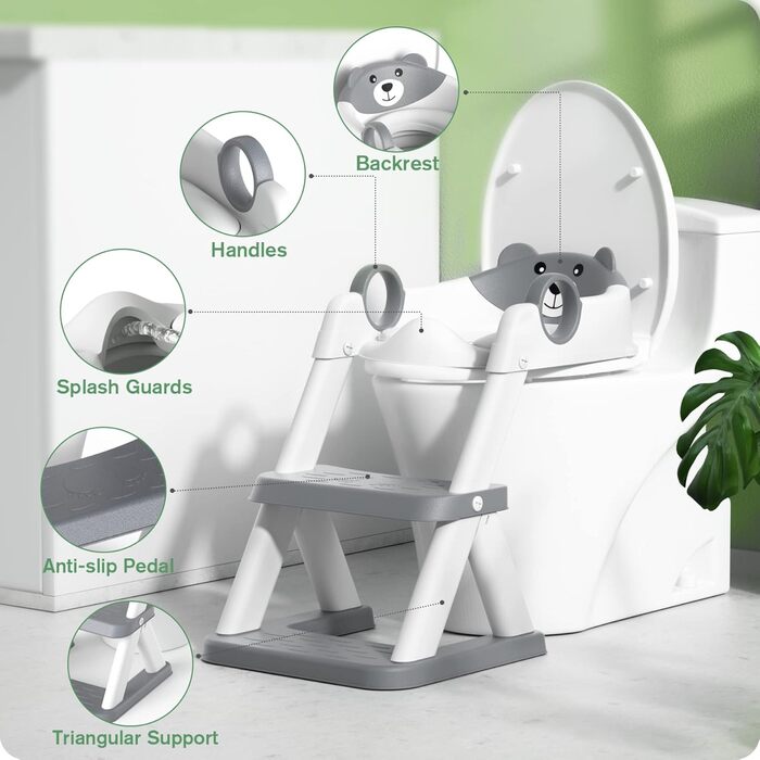 Дитячий унітаз-сходинка з сидінням 2-в-1 для хлопчиків та дівчаток, сірий. Безпечний та зручний унітаз для малюків