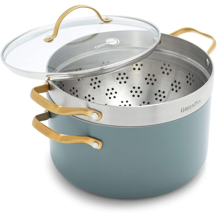 Каструля GreenPan Padova Reserve з антипригарним покриттям Hartelox, 18 см, 2 л, з кришкою з термостійкого скла, PFAS-free, для індукційних плит, з золотим ручками, придатна для миття в посудомийній машині та для випікання, колір: Димчастий блакитний (з ф