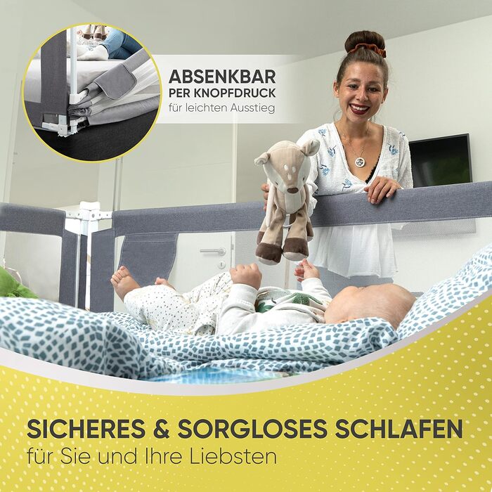 Бортик для ліжка дитячий сірий 90 см, захист від випадання - Labor geprüft (перевірено в лабораторії) - одна сторона, з інструкцією та відео