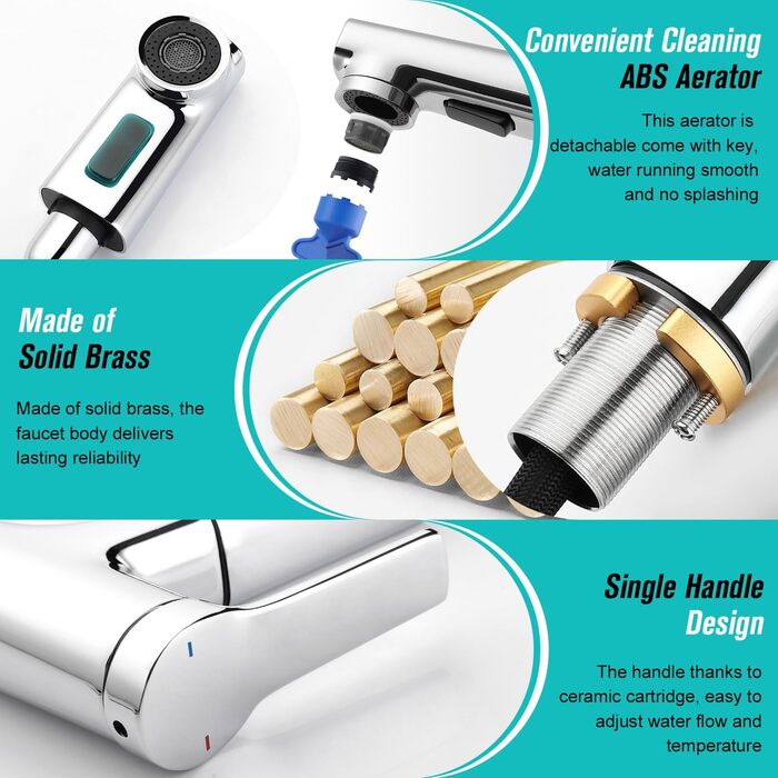 Сучасний змішувач для ванної кімнати CREA з висувною лійкою, 2 режими струменя, з міді, хром, для умивальника