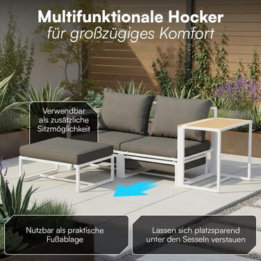 Садовий набір меблів STEELSØN Asteri 5 предметів: 2 крісла, 2 пуфи, стіл - білий, з подушками, для тераси та балкона, металевий каркас, стійкий до погодних умов