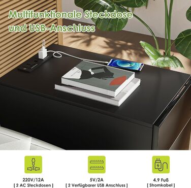 Вузька чорна тумба приліжкова з розеткою, USB, LED-підсвіткою 16 кольорів, 3 шухлядами, 50x30x63 см для спальні, сучасна