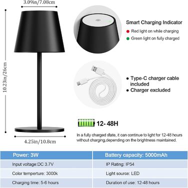 Лампа настільна LED акумуляторна Lundwa 26см, 5000mAh, 3W, 3000K, IP54, для кемпінгу, ресторану, спальні, бару (Чорний, 1 шт.)