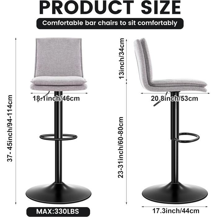 Барний стілець з льону, регульована висота, обертається, з підлокітником, для кухні та їдальні, сірий, 2 шт. Gary New