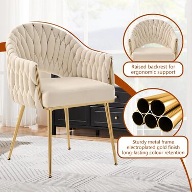 Набір з 2 обідніх стільців Samt, крісла для вітальні, стільці для кухні з підлокітниками, стільці для макіяжу з золотими ніжками, стільці для балкону білого кольору