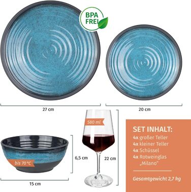 Набір посуду для кемпінгу Stone Design (12 предметів) з меламіну, для 4 особи, миється в посудомийній машині, посуд для пікніка, кемпінгу, синій