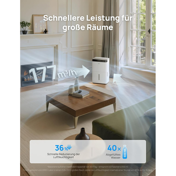 Dreo Розумний осушувач повітря - 20л, для приміщень до 37 м², з керуванням через додаток та Alexa, 3 режими, таймер, регулювання вологості, з відводом води, для спальні та ванної кімнати, білий/чорний