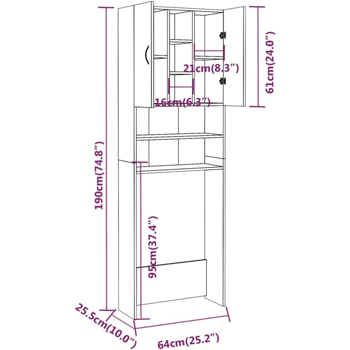 Пральна машина, Тумба для ванної кімнати з 2 дверцятами, 9 відділень, Висока шафа, Копчений Дуб