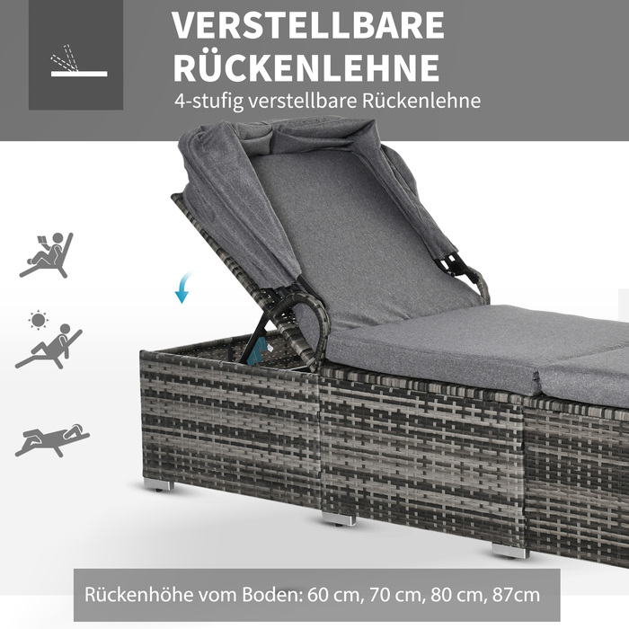 Шезлонг з ротангу з навісом для саду, регульований, з подушками, сірого кольору, 195 x 65 x 40 см