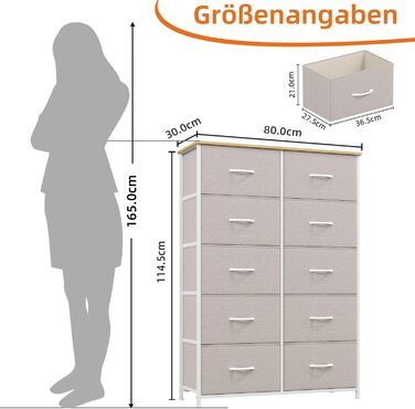 Тканинна комода Somdot з 8/10 висувними ящиками, білий (сірий), 30x80x114.5 см