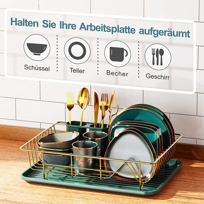 Сушарка для посуду, невелика сушарка для посуду iSPECLE з підносом компактна сушарка для посуду для кухонної шафи, (зелений)