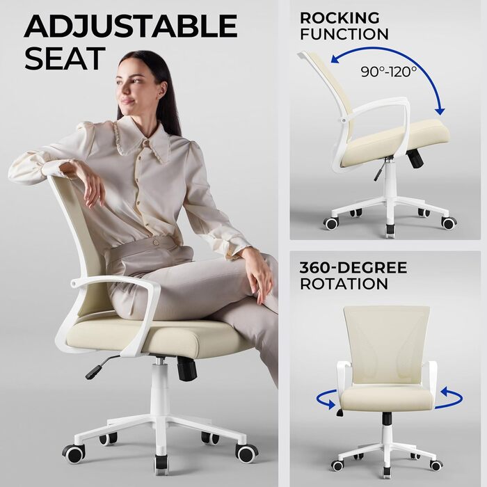 Офісний стілець Yaheetech ергономічний з сітчастою спинкою, регульований, з підлокітниками, бежевий, до 136 кг